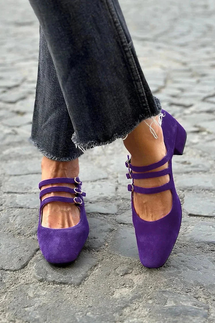 Women's Leather Square Toe Low-cut Retro Style Chunky Heel High Heels