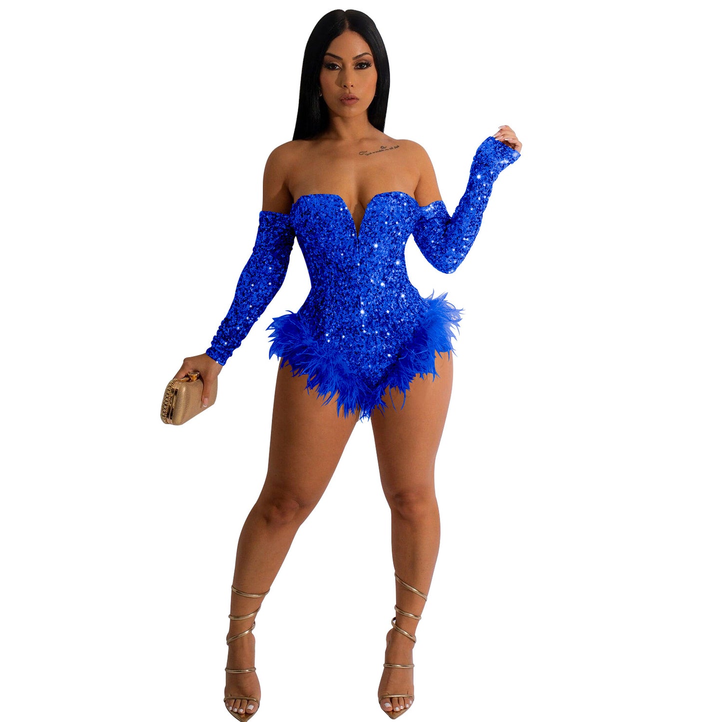 Women's Solid Color Beaded Long Sleeved Shorts Jumpsuit