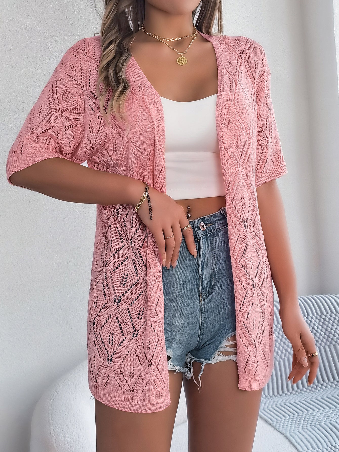 Women S Hollow Out Plaid Short Sleeve Knit Beach Cover-Up