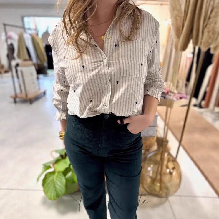 New Womens Embroidered Shirt With A Stand-up Collar And Long Sleeves