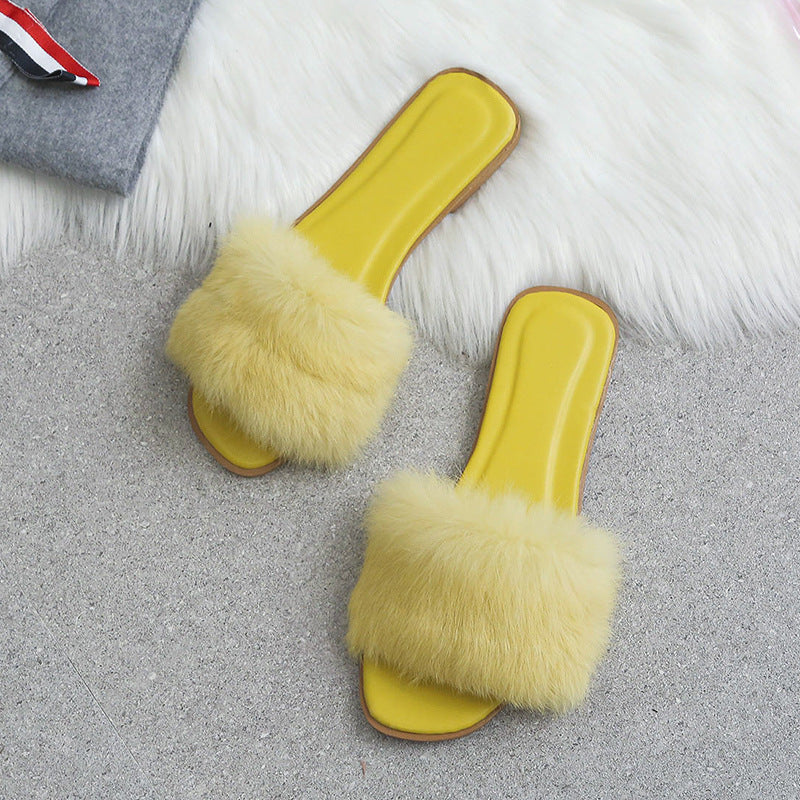 Fashion Rabbit Fur Flat Women's Slippers Plus Size