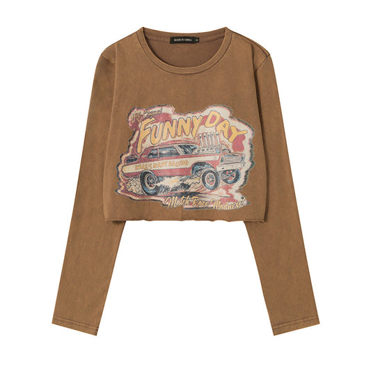 Retro Distressed Printed Short Sleeve Round Neck Shoulder Width Loose