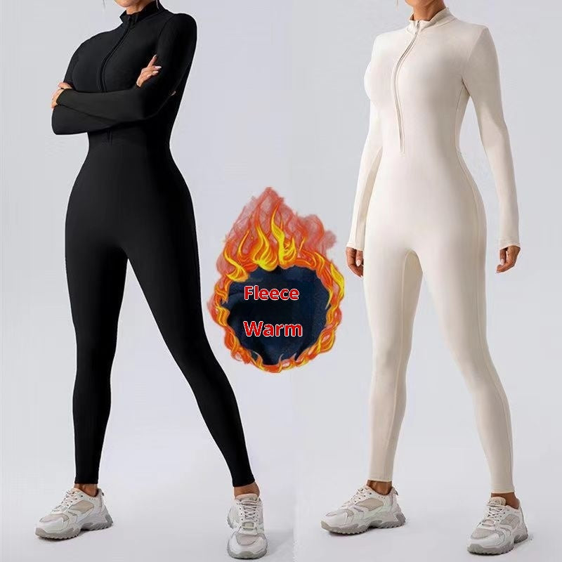 Zipper Nude Feel Close-fitting Fleece Yoga Jumpsuit