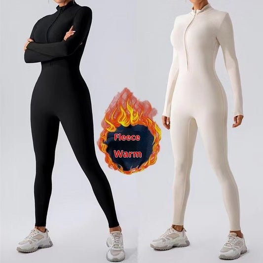 Zipper Nude Feel Close-fitting Fleece Yoga Jumpsuit