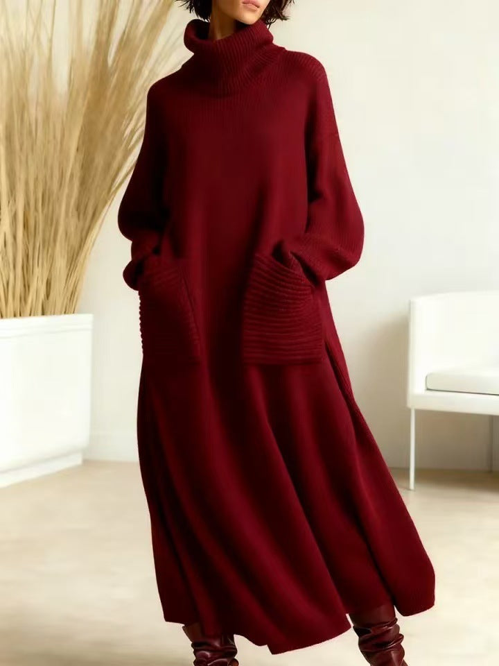 New High-neck Polyester Knit Dress With A Relaxed Fit And Pockets