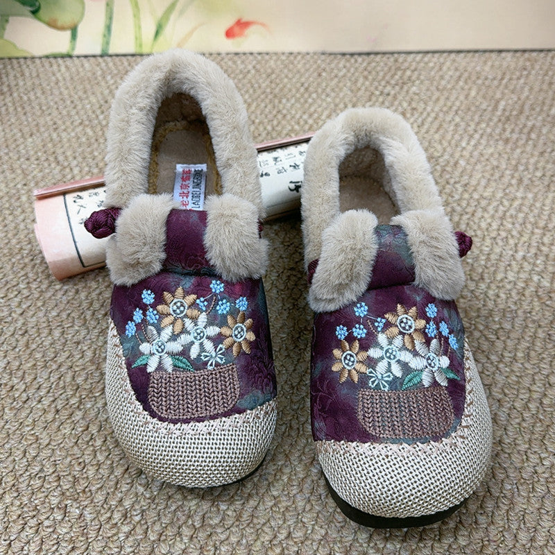 Women's New Chinese-style Thickened Thermal Soft Soled Fleece-lined Embroidered Cotton-padded Shoes
