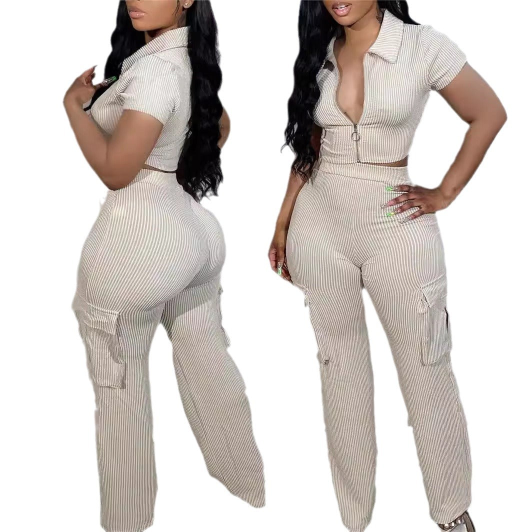 Zip-up Top With Multiple Pockets And Long Pants Casual Solid-color Two-piece Set