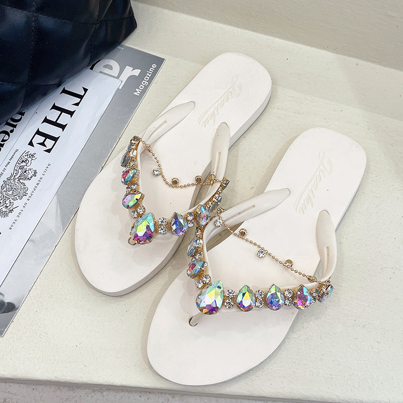 Women's Fashion Casual Rhinestone With Chain Flip-flops