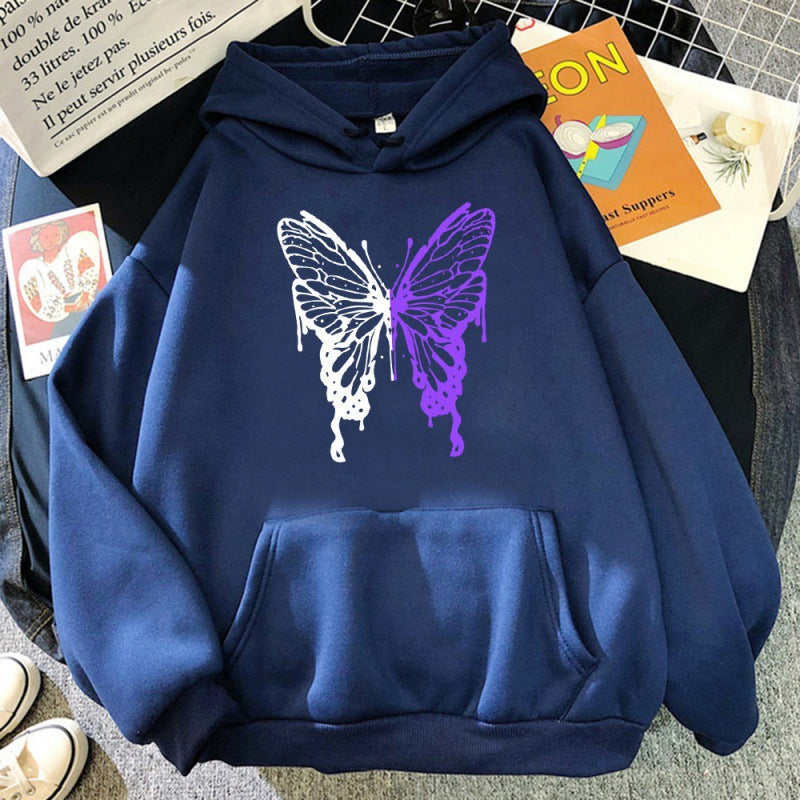 White And Purple Butterfly Pattern Hoodie