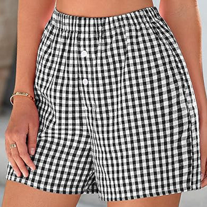 Ferieafslappede shorts til kvinder med høj talje og løst pasform i ternet design