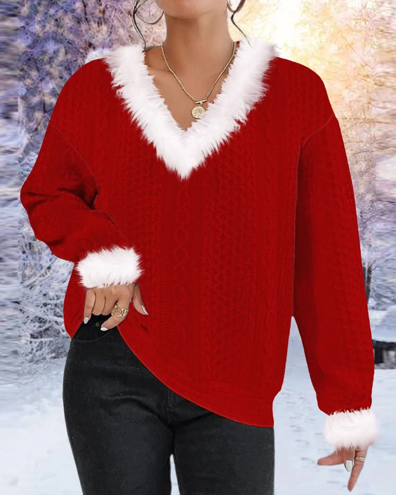 Autumn And Winter New Furry V-neck Solid Color Long Sleeve Sweater Top Women