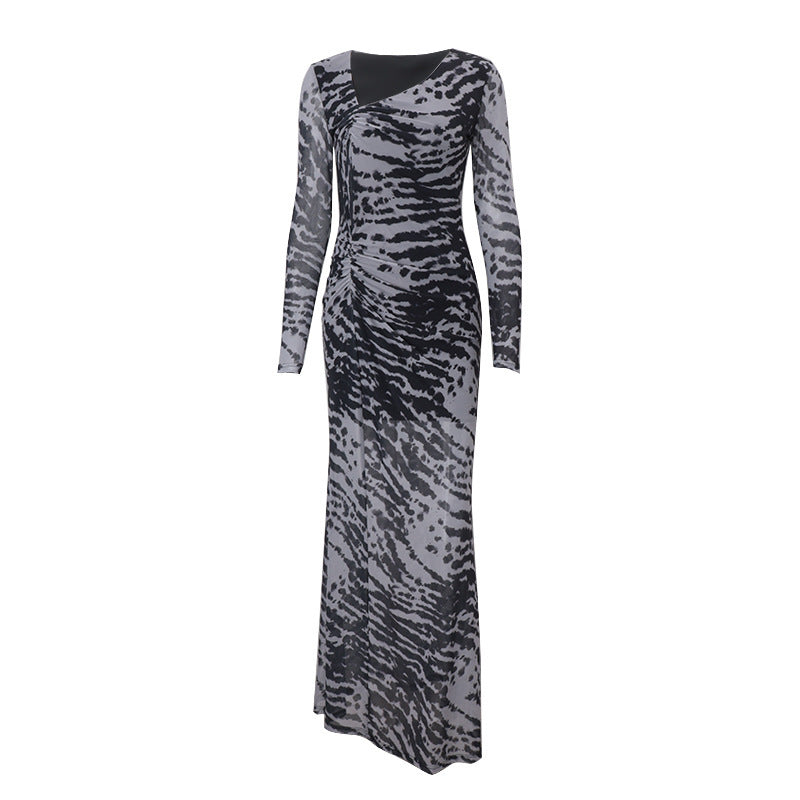 Womens Off-the-Shoulder Zebra-Print Bodycon Long-Sleeve Dress