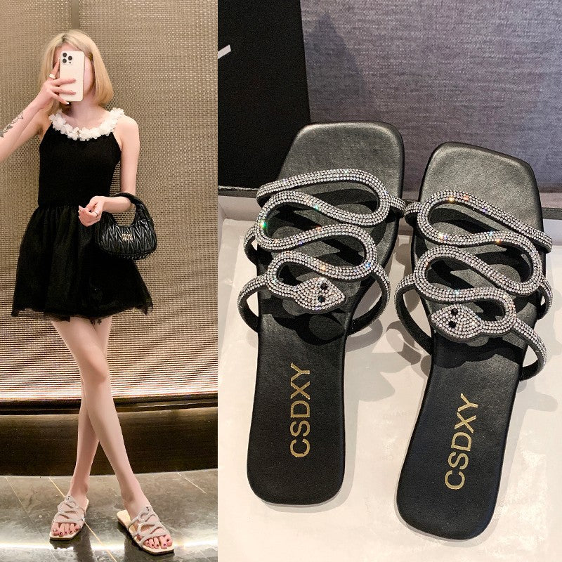 Large Size Flat Bottom Women's Rhinestone Flat Slippers