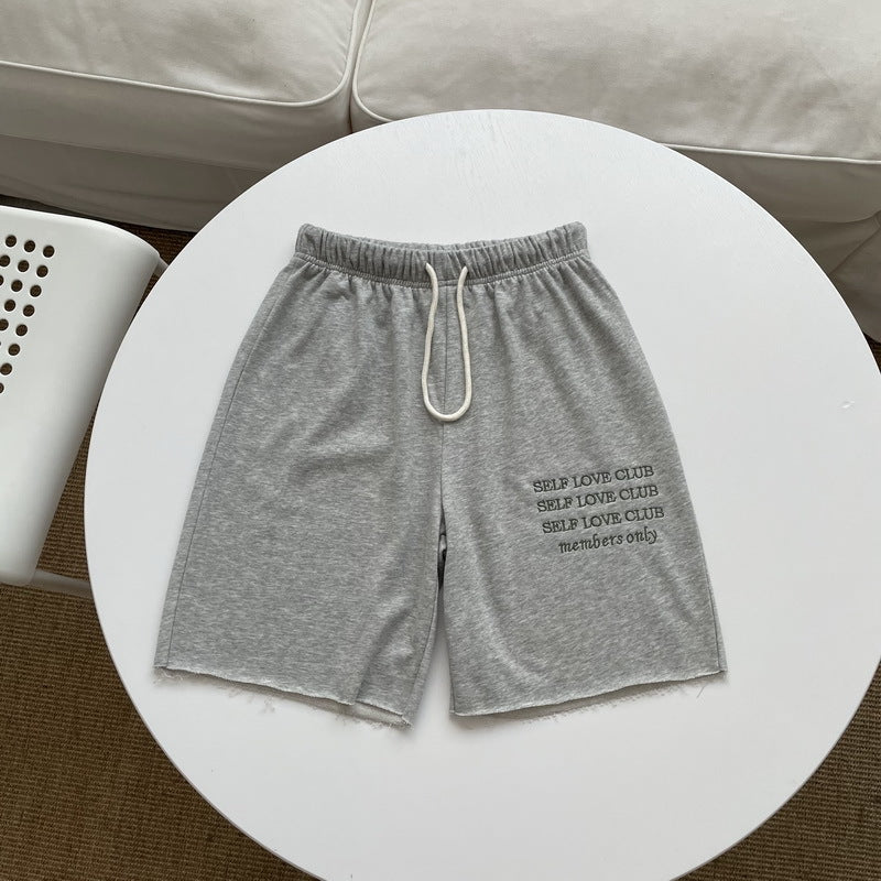 Vintage Linen Grey Green Letter Embroidered Loose Shorts