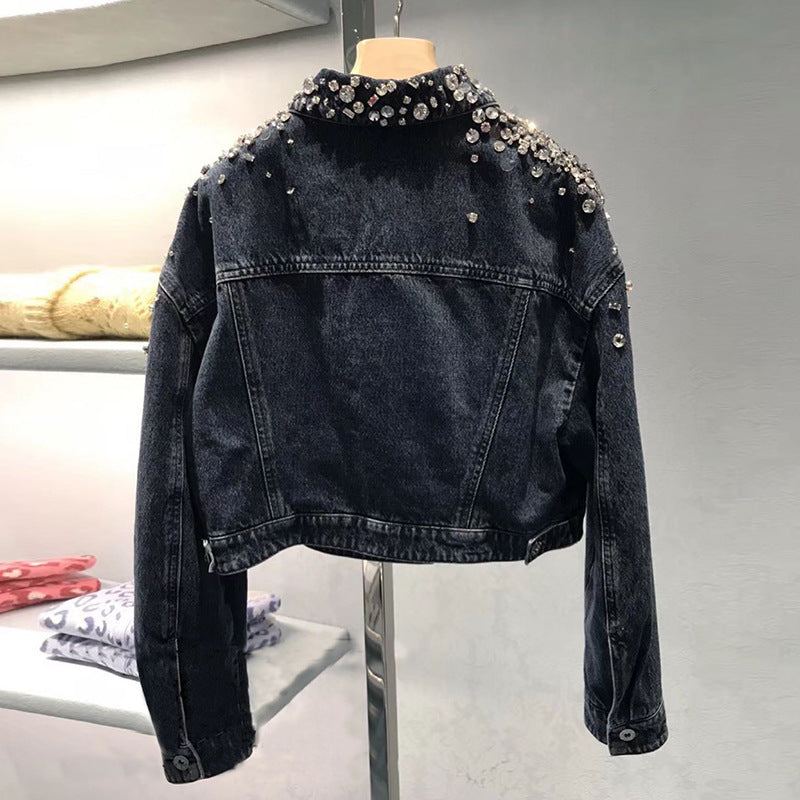 Beaded And Diamond Long-sleeved Loose Denim Jacket