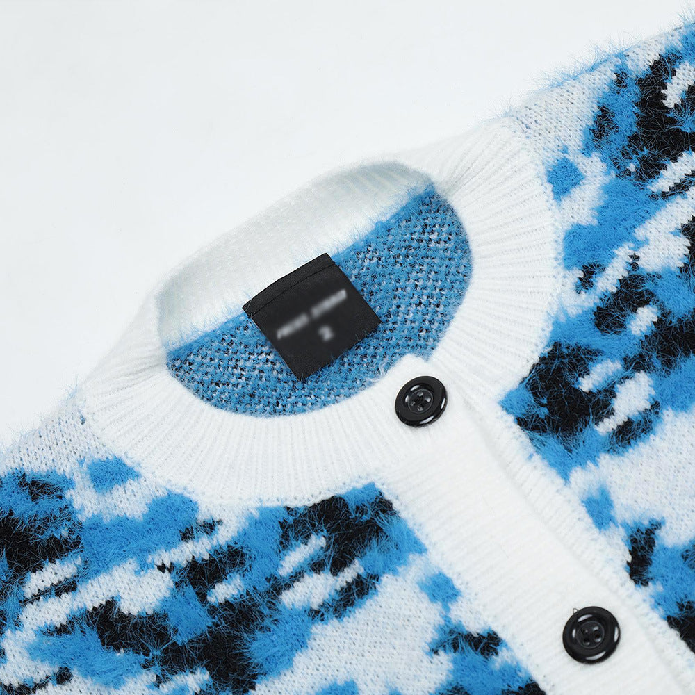 Color Contrast Jacquard Crewneck Knitted Cardigan Men's Sweater Coat Sweater