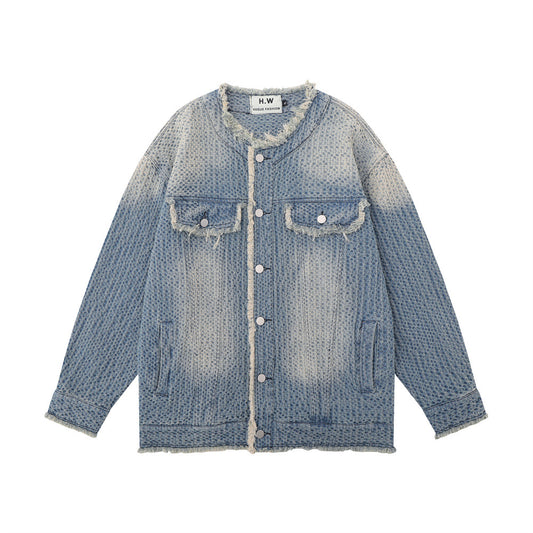 Washed And Worn Raw Edge Cat Beard Denim Coat
