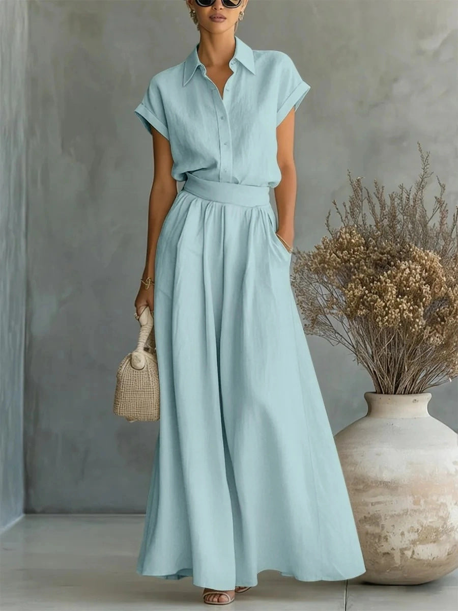 Fashionable Casual Solid-Colored Shirt And Wide-Leg Pants Two-Piece Set