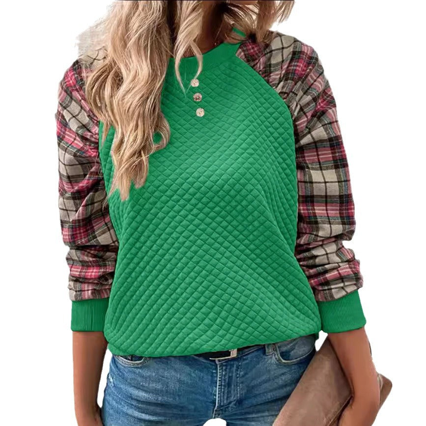 Diamond Plaid Stitching Long Sleeve Crew Neck Sweater