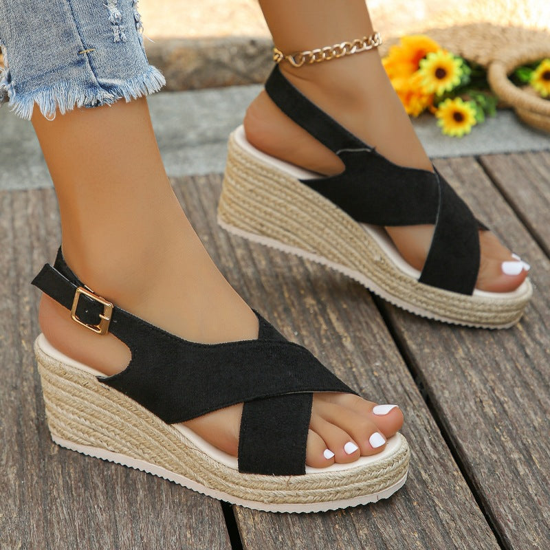 Hemp Rope Shoes Wedge Platform Snake Pattern Fish Mouth Sandals