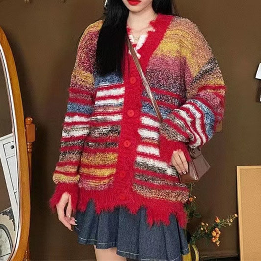 Ny afslappet retro-sweater med regnbuefarveblok til kvinder
