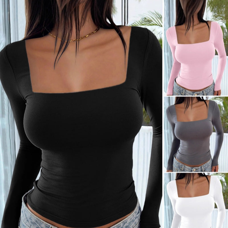 Womens Solid-Color European And American-Style Square-Neck Slim-Fit Long-Sleeve Top