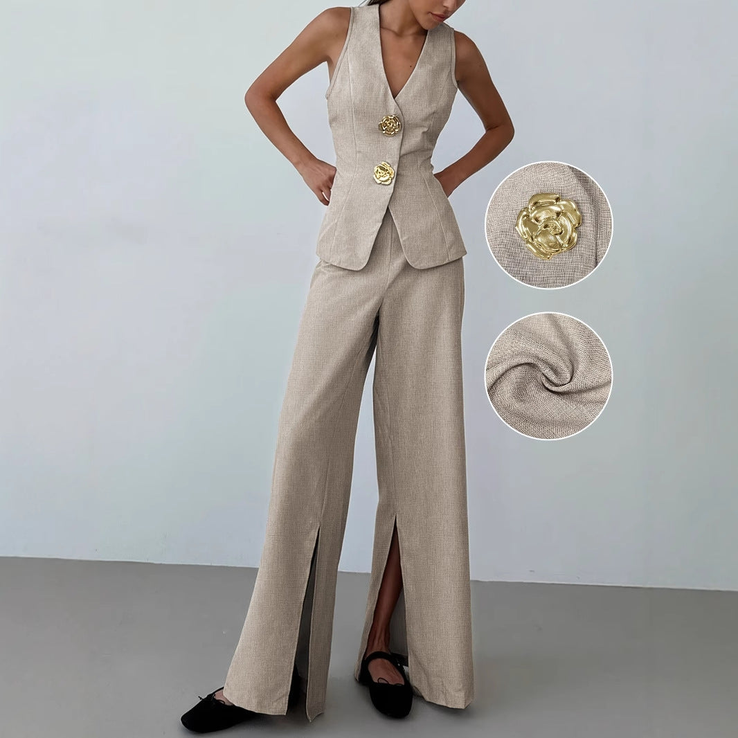 Elegant Breathable V-neck Sleeveless Split-front Wide-leg Pants Set
