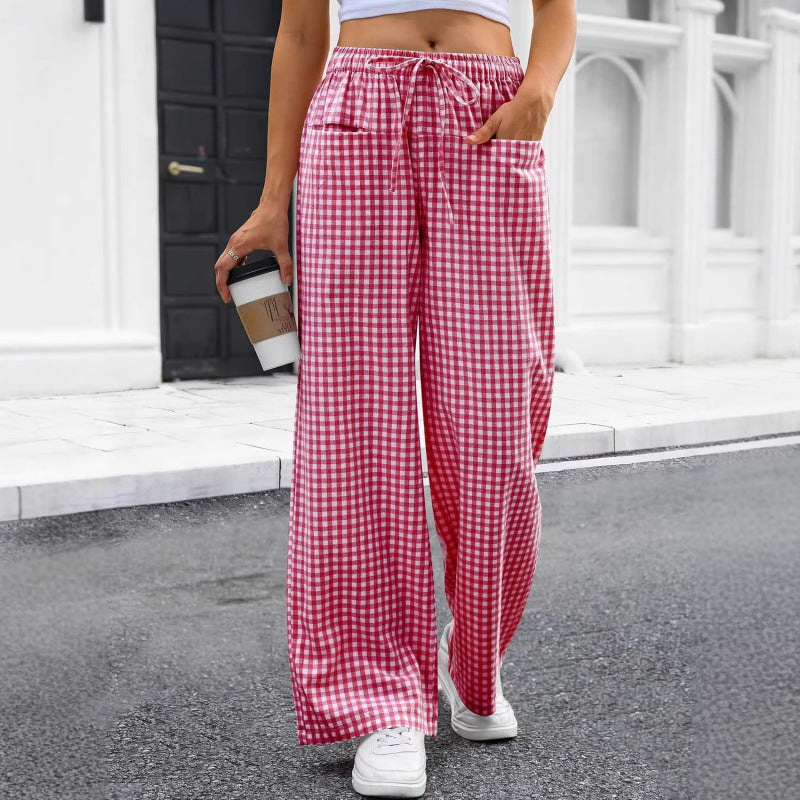 High-waisted Wide-leg Plaid Drawstring Loungeleisure Pants