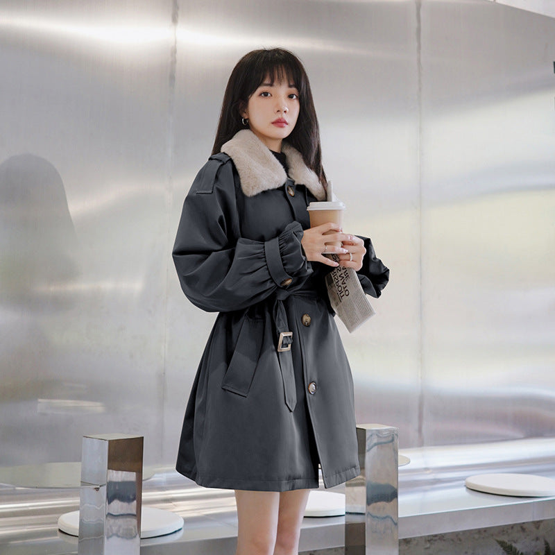 Waist Slimming Plus Velvet Thickening Women's Winter Khaki Cotton Coat