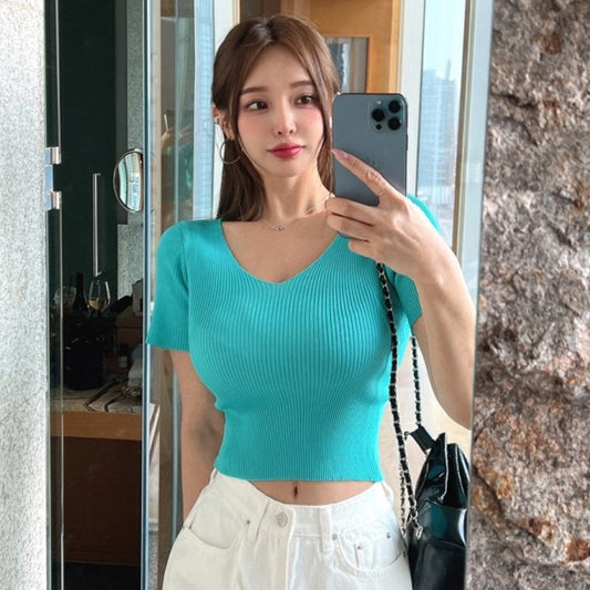 Women's Summer V-neck Bright Short Sweater Slim Fit Chest All-matching Short Sleeve T-shirt Top