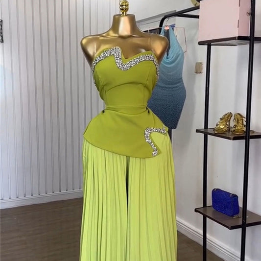 Tube Top Irregular Top Pleated Wide-leg Pants Set