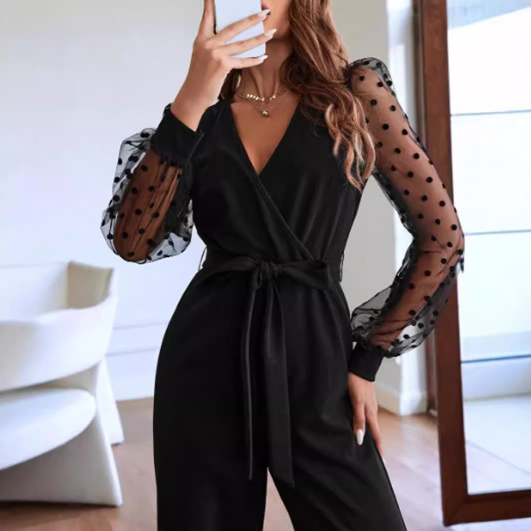Fashion V-neck Women's Lace Long Sleeve Jumpsuit Belt Elegant Clothing