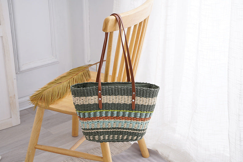 Colorful Striped Grass Braided Soft Leather Put Handbag Women's Large Capacity Braided