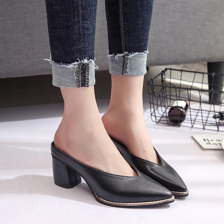 Solid Color Muller Slippers Female Pointed Lazy Thick Heel Half