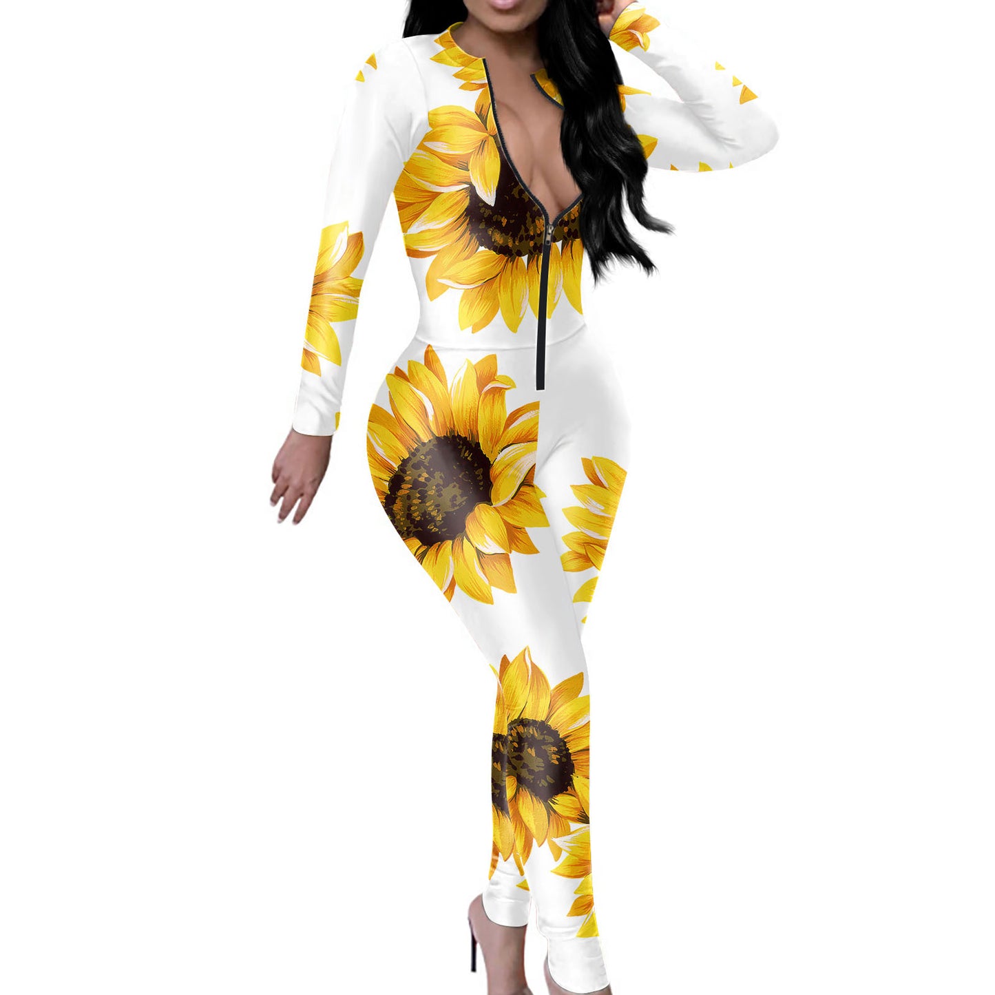 Women's Sunflower Printed Tight V-neck Jumpsuit
