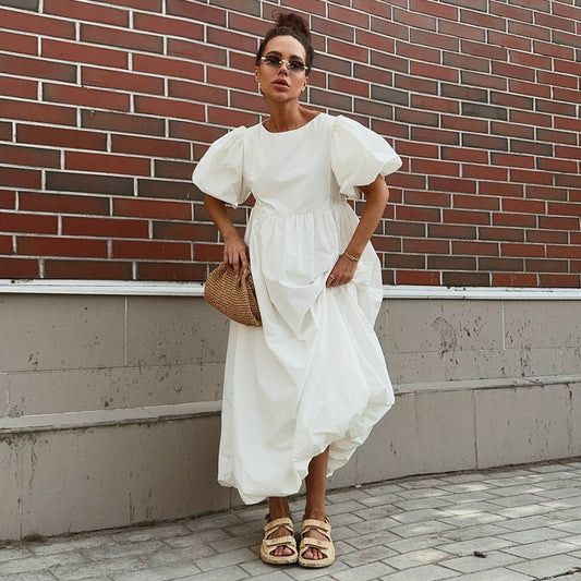 Loose Casual Round-neck Dress With Puff Sleeves