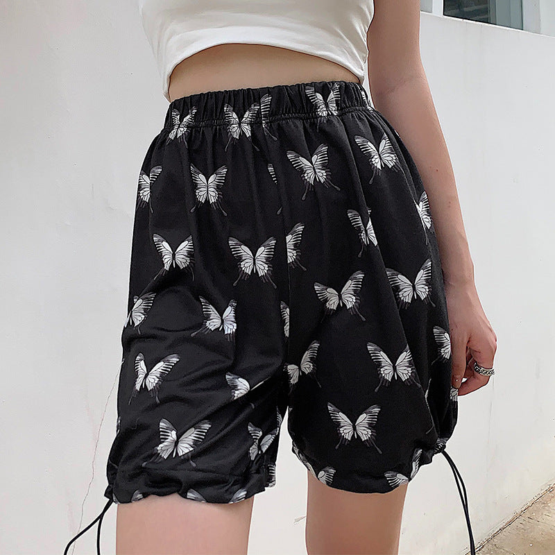Butterfly print drawstring high waist shorts