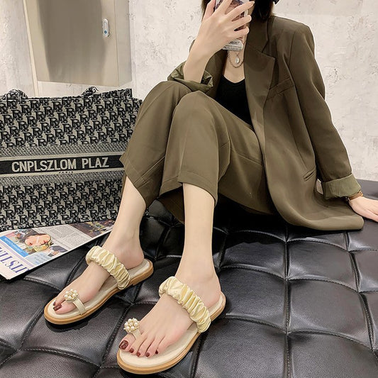Flower pearl outer wear flat sandals and slippers