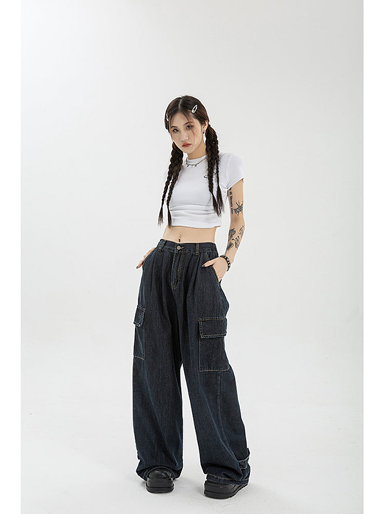 Retro Design Sense High Waist Straight Loose Wide Leg Mop Pants