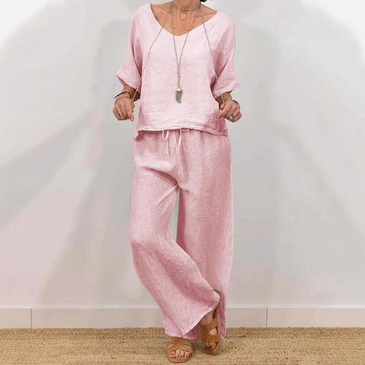 Womens Multi-Color Two-Piece Set Casual V-Neck Pullover With Three-Quarter Sleeves And Extended Pants