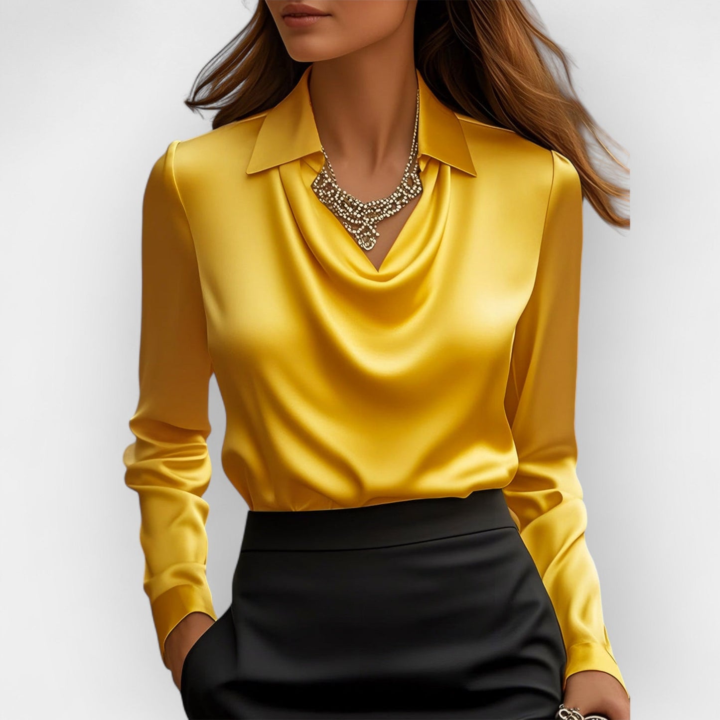 Dame Bluser med Svunget Krave og Drapering Elegant Ensfarvet Satin Kontor Dame Top Pullover Forår Langærmet Casual Toppe