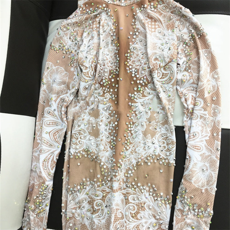 Women's Fashion Print Full Diamond Long-sleeved Jumpsuit