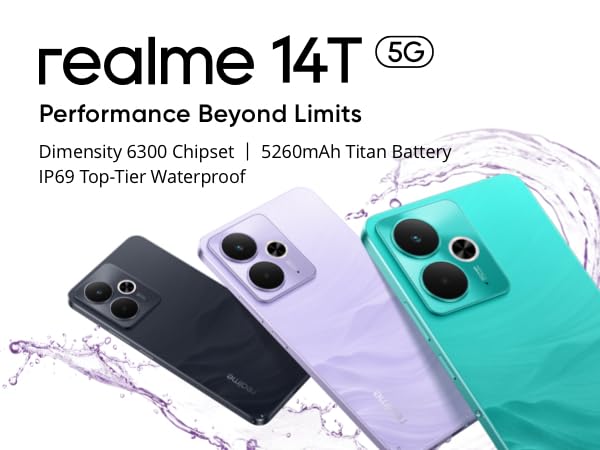 realme 14T smartphone 5g, 8+256 GB, 5260 mAh batteri, dimensity 6300 chipsats, IP69-vattentät, 50 MP-kamera, 120 Hz skärm med ögonvänlig effekt, lila, Amazon exklusiv (utan adapter)