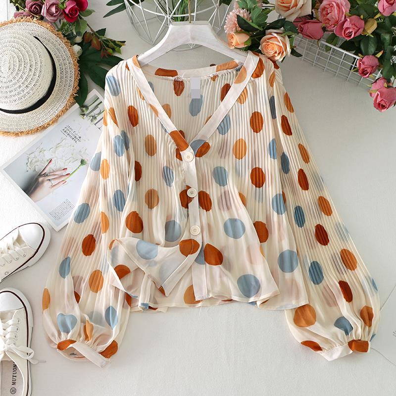 V-neck Pleated Polka Dot Sun Protection Shirt For Women