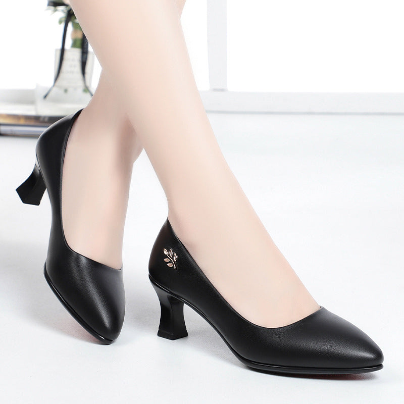 Soft Leather Soft Sole Middle-aged Women's High-heeled Leather Shoes