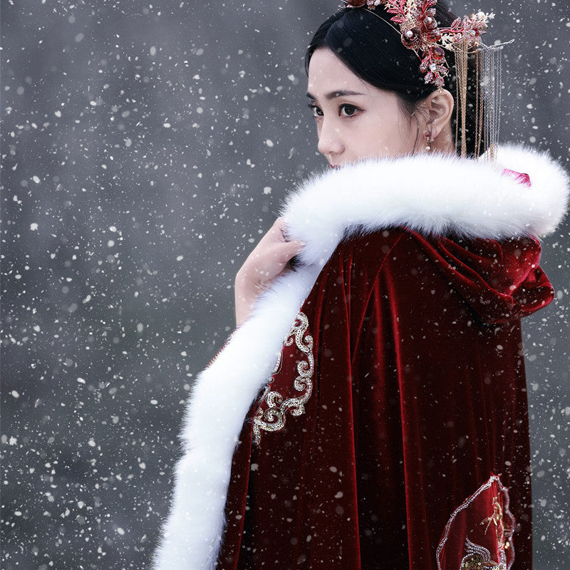 National Style Retro Thickened Wool Collar Long Hooded Cloak