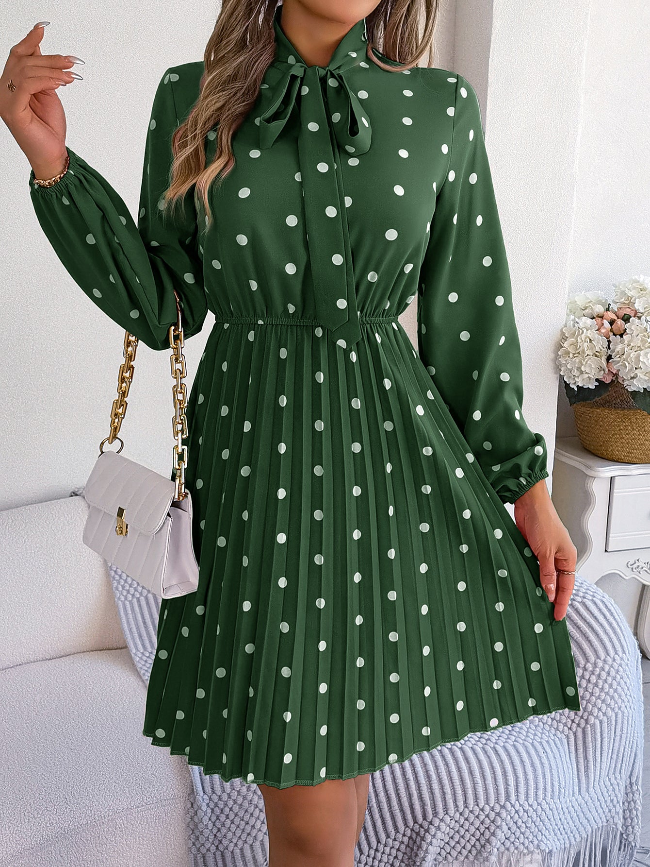 Women's Polka Dot Tie-Waist Long Sleeve Pleated Maxi Dress