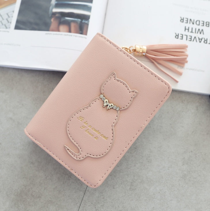 Women's cat decoration tassel short paragraph vertical section two fold small wallet New buckle can be loaded with change wallet