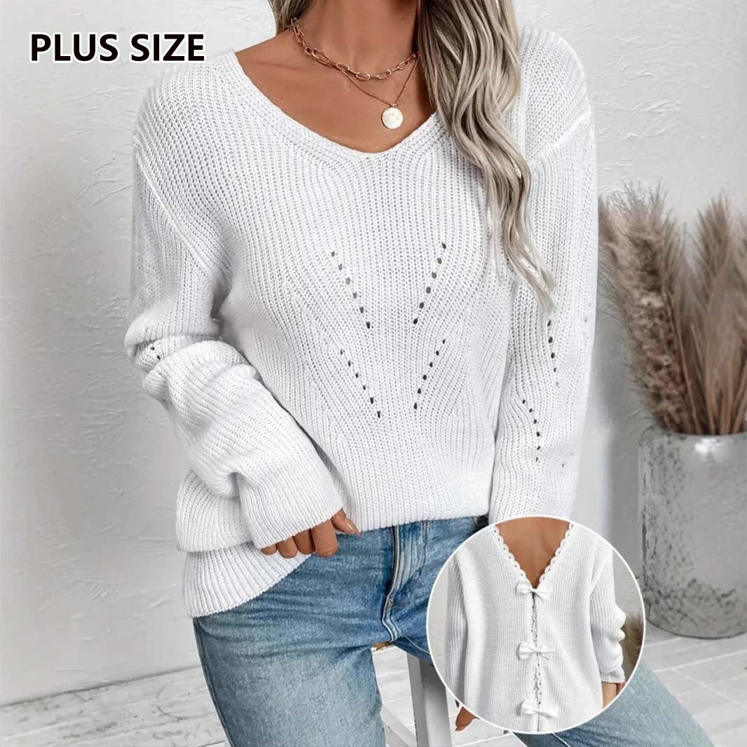 Round Neck Cutout Lace Stitching Bow Back Elegant Sweater