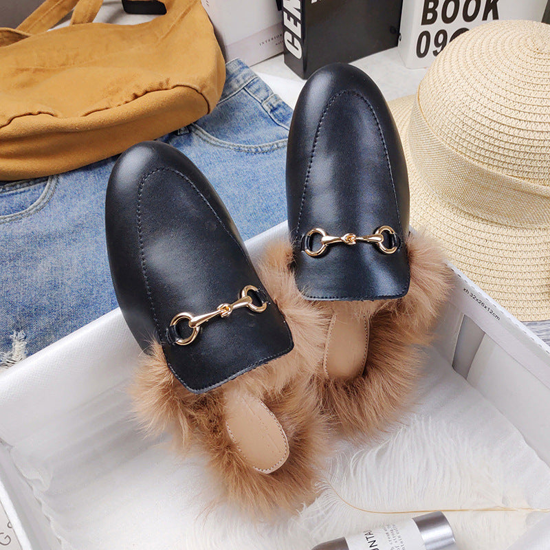 Rabbit Fur Fleece Toe Half Slippers Women All Match Flat Bottom